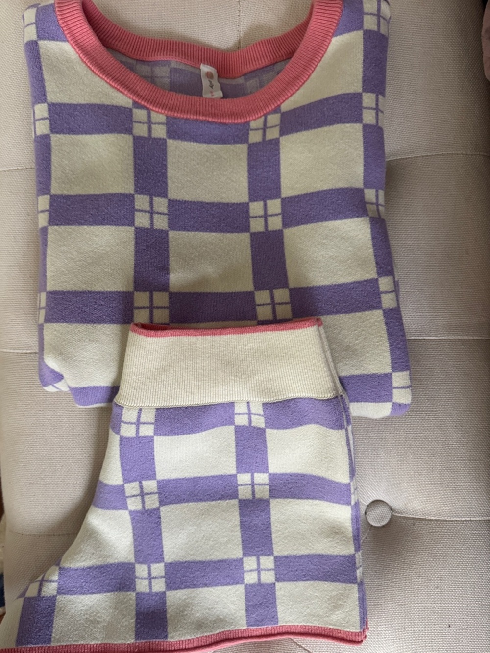 Anthropologie daily practice Lavender and Cream Check Crewneck & shorts set